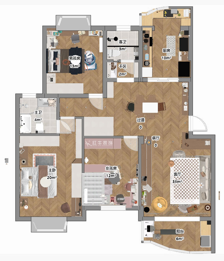 仇美蓉｜长江之家4-13-402-130㎡-原木奶油风格｜3室2厅2卫｜老房装修｜定制家｜全包16万｜00_03平面彩图